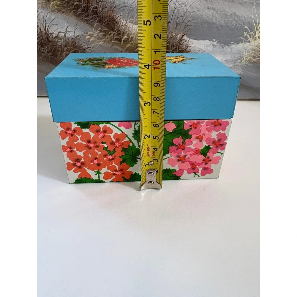 Vintage Ohio Art Floral Metal Tin Blue Lid Geranium Butterfly Storage Box